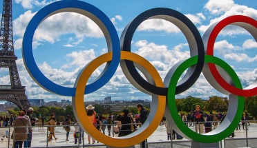 The Olympic Rings loom in front of the Eiffel Tower in Paris 2024