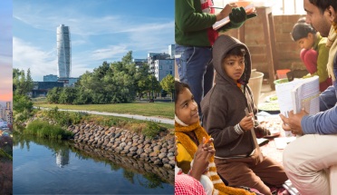 Triptych: Buildings in Japan, pathways in Sweden, children in India