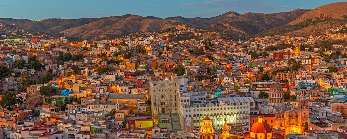 Evening view of the cityscape of Guanajuato, Mexico