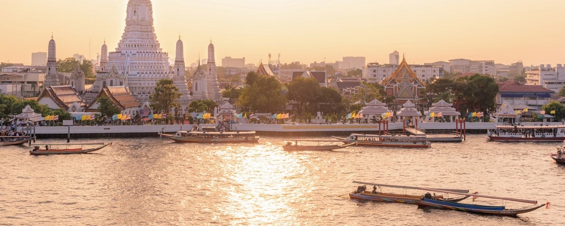 Aerial view of Wat Arun and river in Bangkok, Thailand