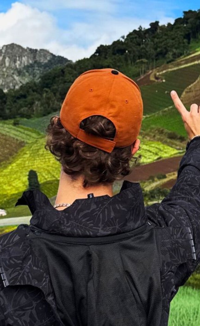 Back of male UT student showing "Hook 'em Horns" to scenic countryside