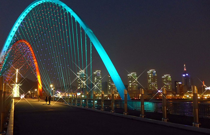 Daejeon city showing beautifully colored and lit arched bridge and skyline at night