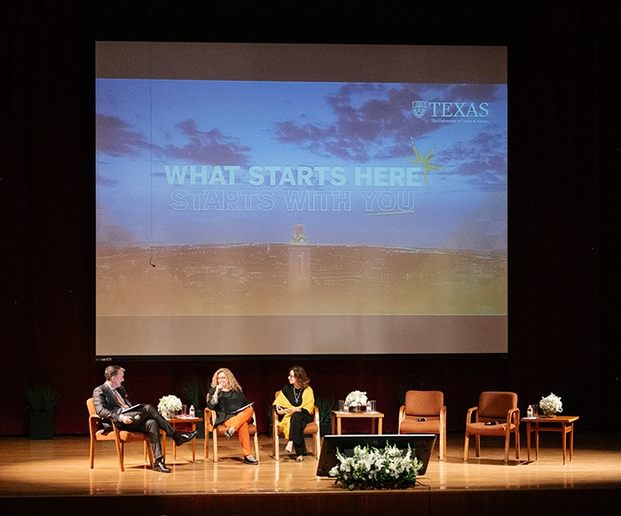 UT President Jay Hartzell speaks with Sonia Feigenbaum and Adriana Pacheco onstage at FILUNI 2023