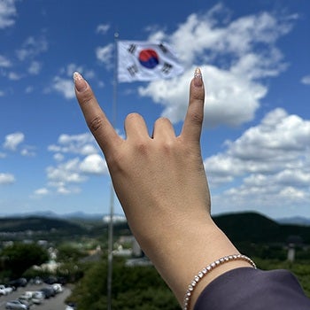 UT Longhorn "Hook 'em" sign frames the South Korean flag