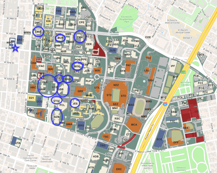 Map showing most common ELC classroom buildings