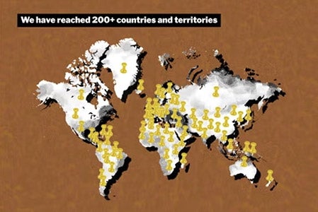 World map graphic represents 200+ countries reache dby Knight Center courses