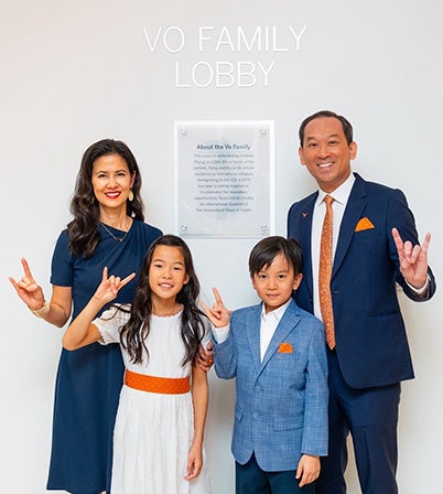 A plaque adorned with a silhouette of Vietnam was mounted in the lobby. The text reads, “This space is dedicated by Andrew Phong Vo (BBA ’95) in honor of his parents, Dang and My Le Vo, whose resilience as Vietnamese refugees immigrating to the U.S. in 1975 has been a lasting inspiration. It celebrates the boundless opportunities Texas Global creates for international students at The University of Texas at Austin.” 