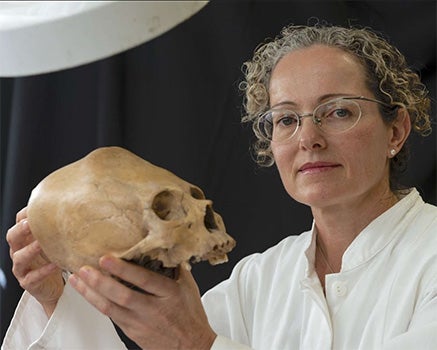 Fulbright-García Robles Visiting Chair Vera Tiesler holds a human skull