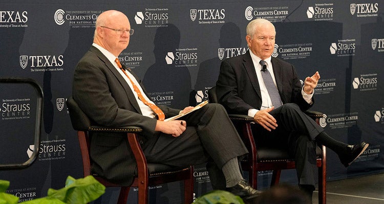 UT Provost Will Inboden onstage with Former Secretary of Defense and Director of Central Intelligence Robert M. Gates 