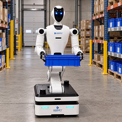 A robot made by Doozy Robotics carries a parcel in a warehouse